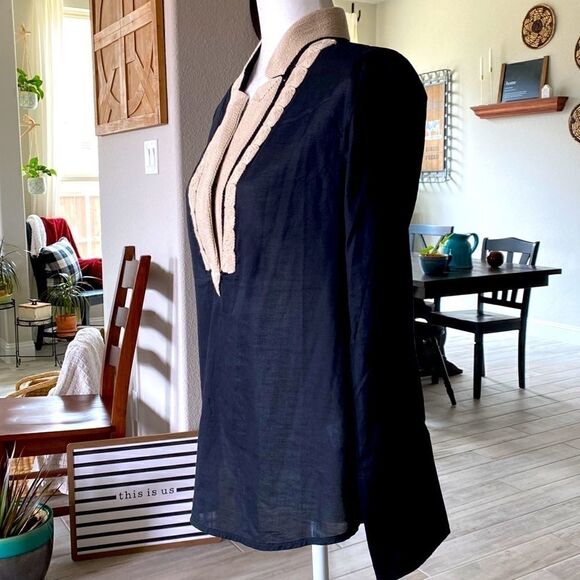 J. Crew Soutache Trim Black V Neck Long Sleeve Tunic Cotton Small - Picture 2 of 8